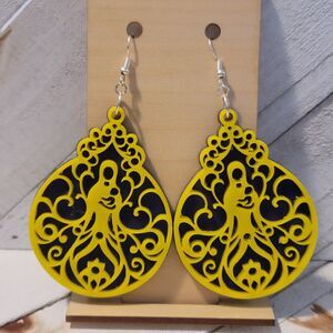 Purple and Yellow Mother and Child Earrings Layered Laser Cut Dangle Jewelry